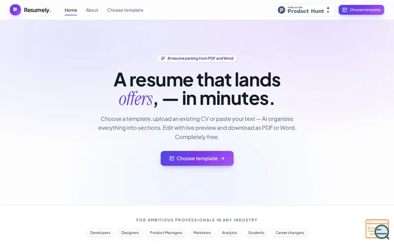 Screenshot of Resumely — AI Resume Builder · Professional CV in minutes