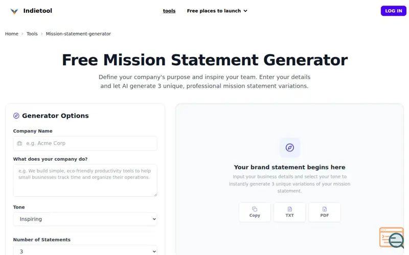 Screenshot of Free Mission Statement Generator