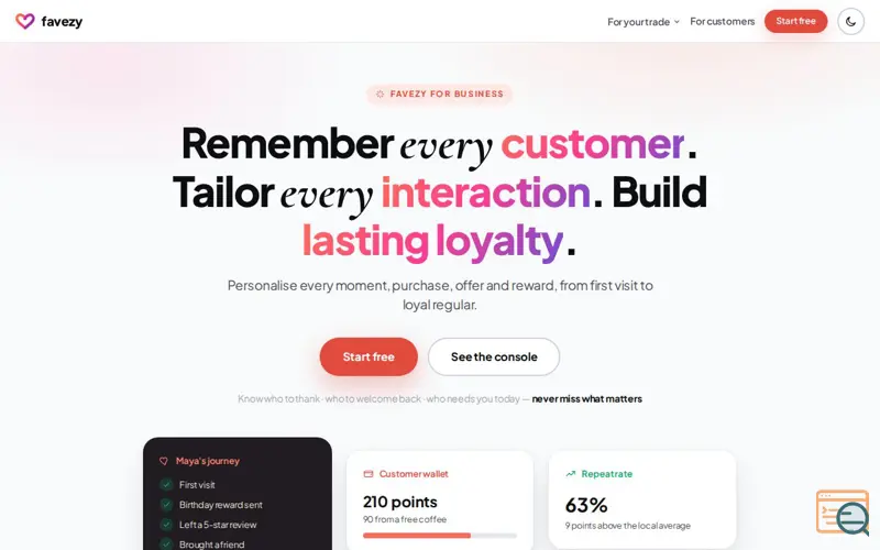 Screenshot of Favezy for business — turn first-timers into regulars