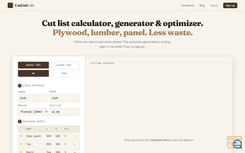 Screenshot of CutListCalc