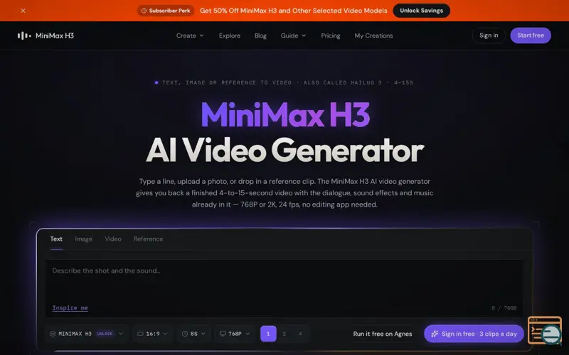 Screenshot of MiniMax H3 AI Video Generator