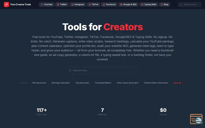 Screenshot of Free Creator Tools