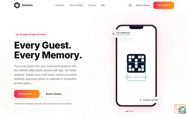 Screenshot of AmiCam — Every Guest. Every Memory. | Browser-Based Event Photo Platform