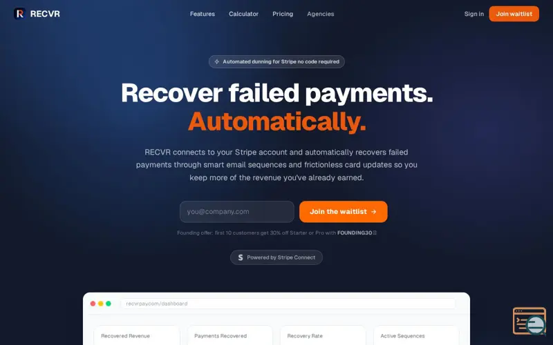 Screenshot of RECVR — Recover Failed Payments Automatically