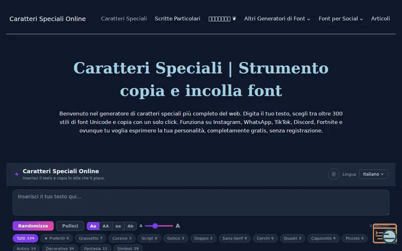 Screenshot of Caratteri Speciali Online