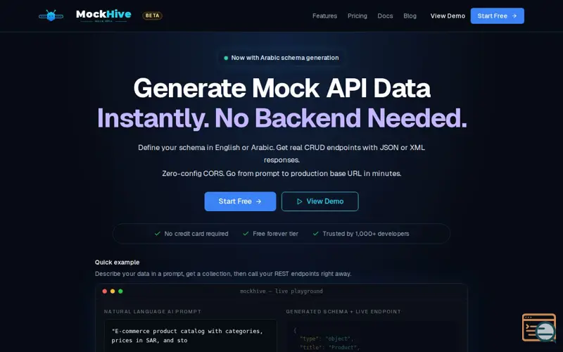 Screenshot of MockHive — Hosted Mock Data API