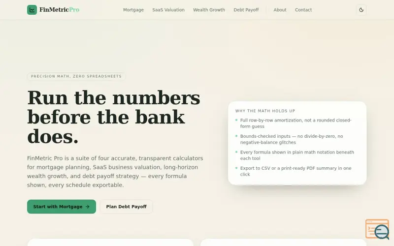Screenshot of Mortgage, SaaS Valuation, Wealth Calc