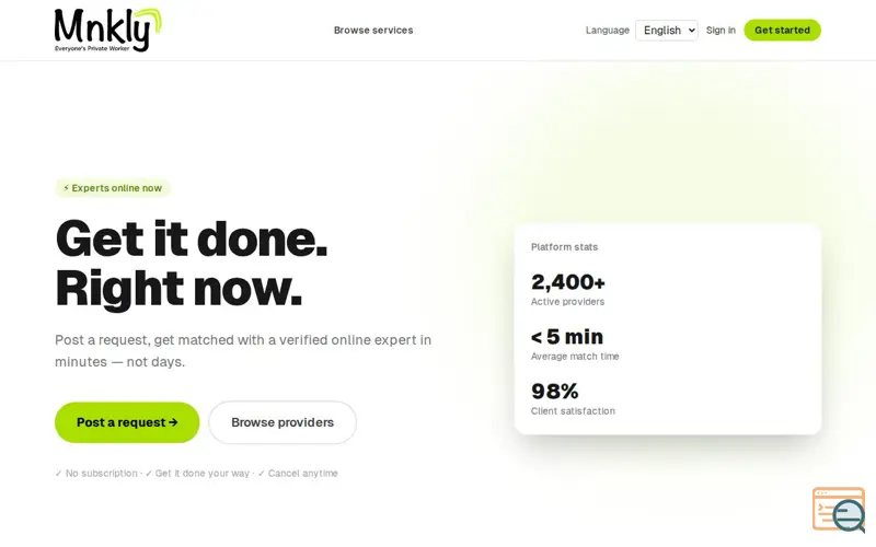 Screenshot of MnKly — Get it done. Right now.