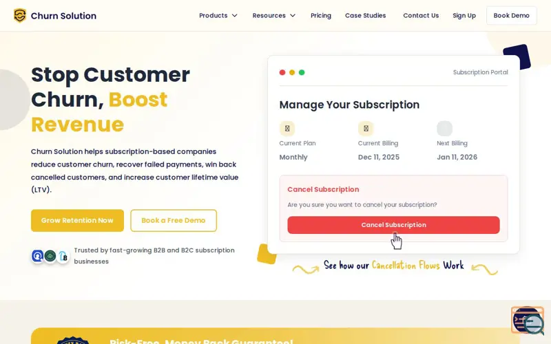 Screenshot of Churn Solution, a launch using Essential Blocks