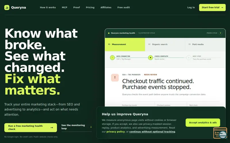 Screenshot of Marketing Analytics, SEO & Ads Health | Queryna