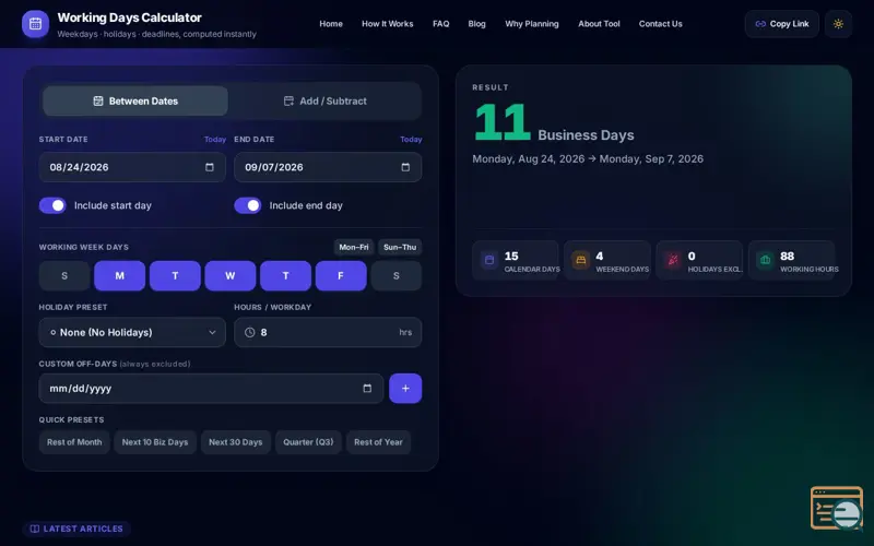 Screenshot of Working Days Calculator