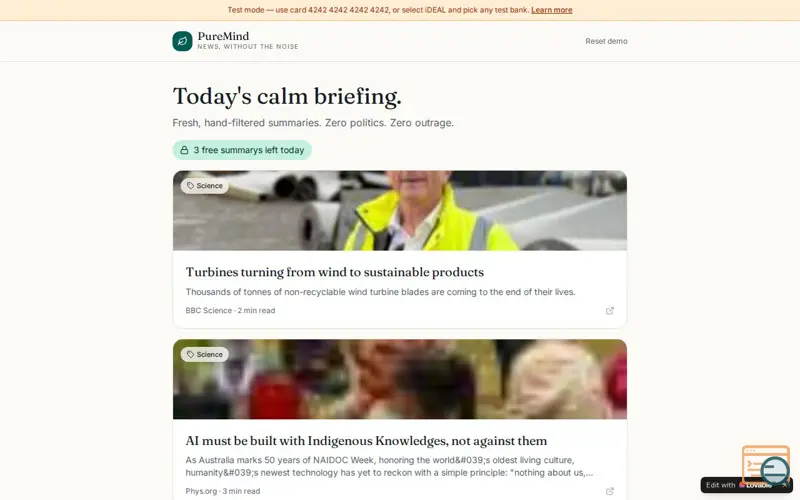 Screenshot of PureMind News