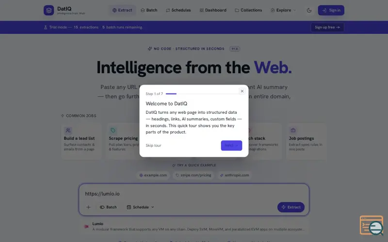 Screenshot of DatIQ — Extract web data in seconds | Zero-code web extraction & AI enrichment