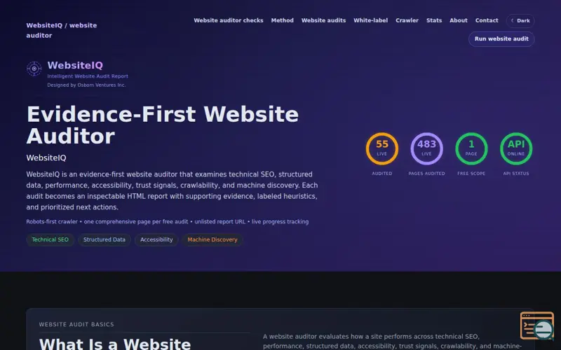 Screenshot of WebsiteIQ — Evidence-First Website Audits