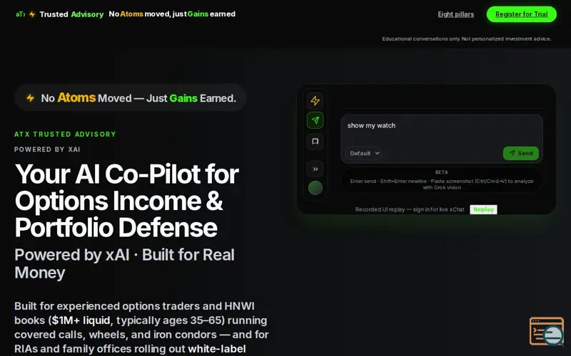 Screenshot of xFinance – xAI Options OS for HNWI, a launch using System DNS