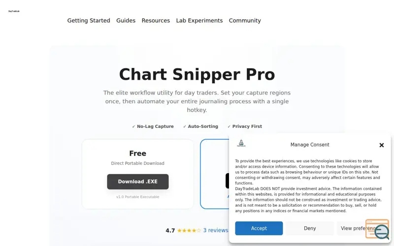 Screenshot of Chart Snipper Pro, a launch using SiteGround