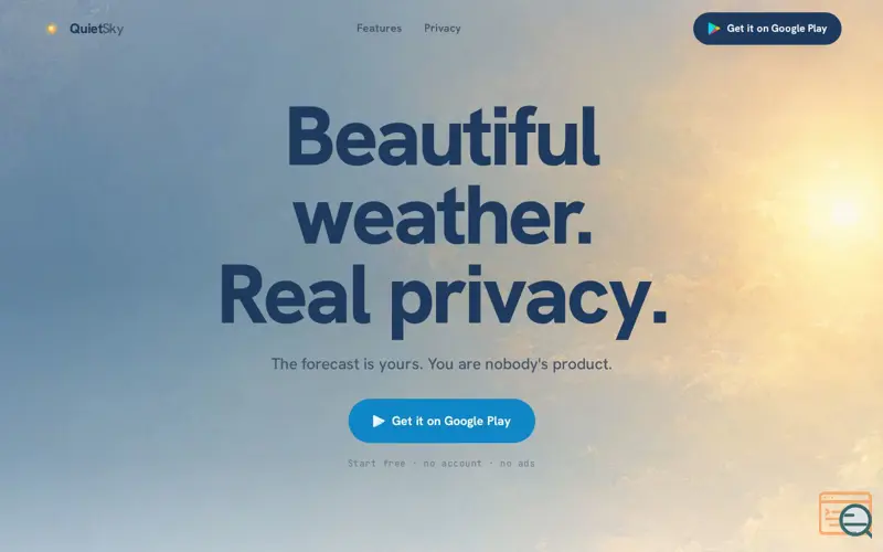 Screenshot of Private Weather App. Quiet Sky — beautiful weather, real privacy. No Ads. No Tracking.