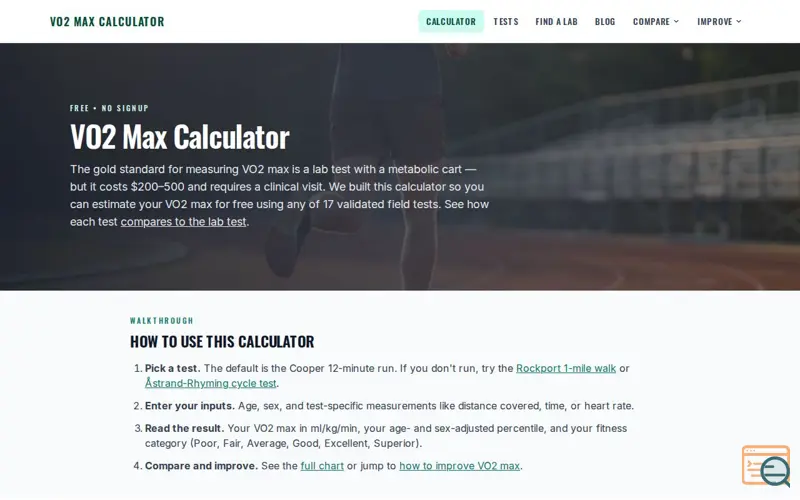 Screenshot of VO2 Max Calculator
