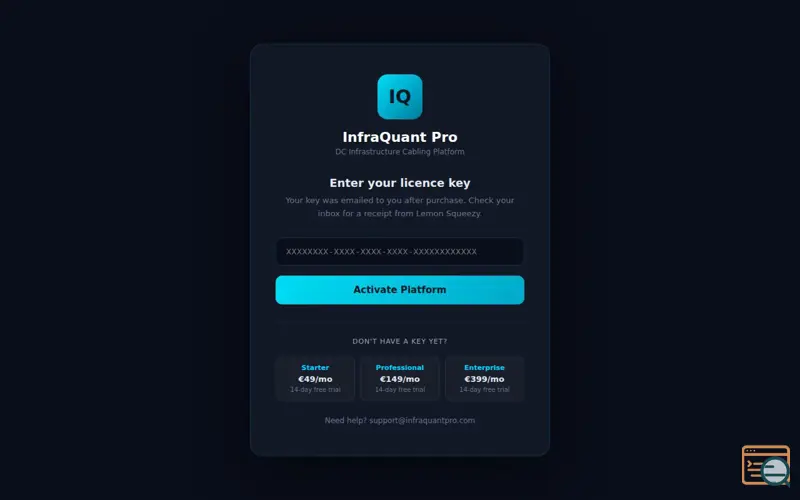 Screenshot of InfraQuant Pro — DC Cabling Estimator