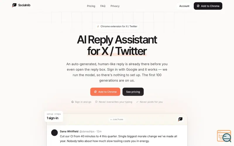 Screenshot of Socialnib — AI reply assistant for X