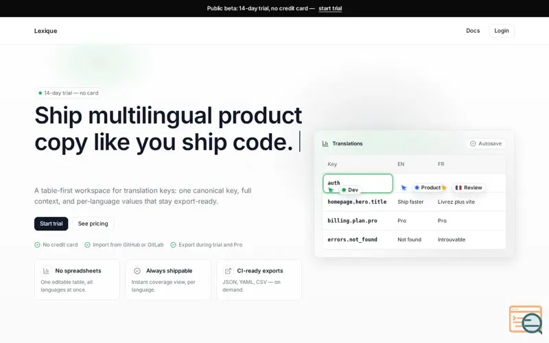 Screenshot of Lexique