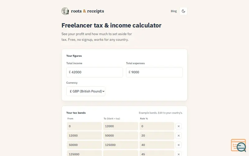Screenshot of Roots & Receipts Tax Calculator