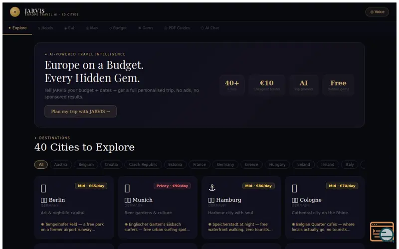 Screenshot of JARVIS Europe Travel AI