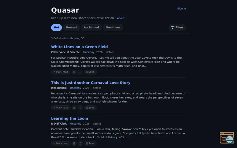 Screenshot of Short SciFi/Fantasy Index