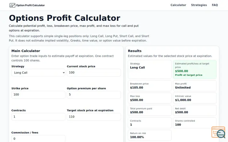 Screenshot of Option Profit Calculator