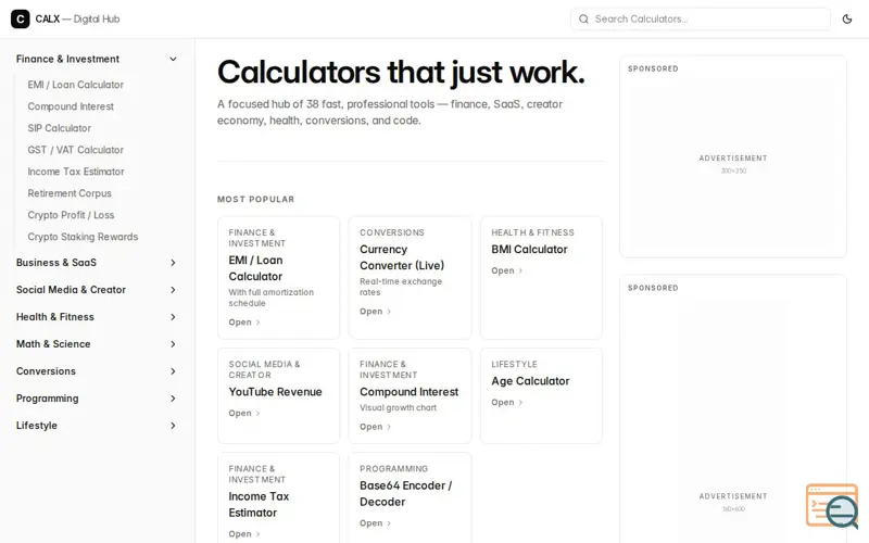 Screenshot of CALX -38 Free Online Calculators & Tools