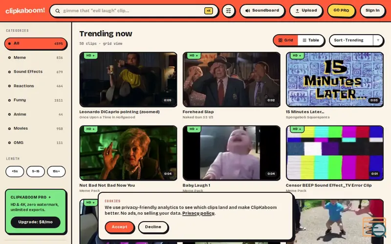 Screenshot of Browse reaction & meme clips