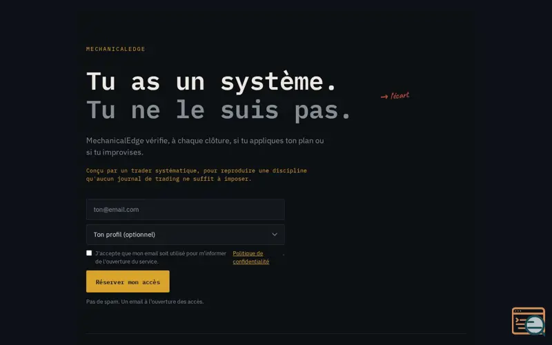 Screenshot of MechanicalEdge — Discipline systématique pour traders