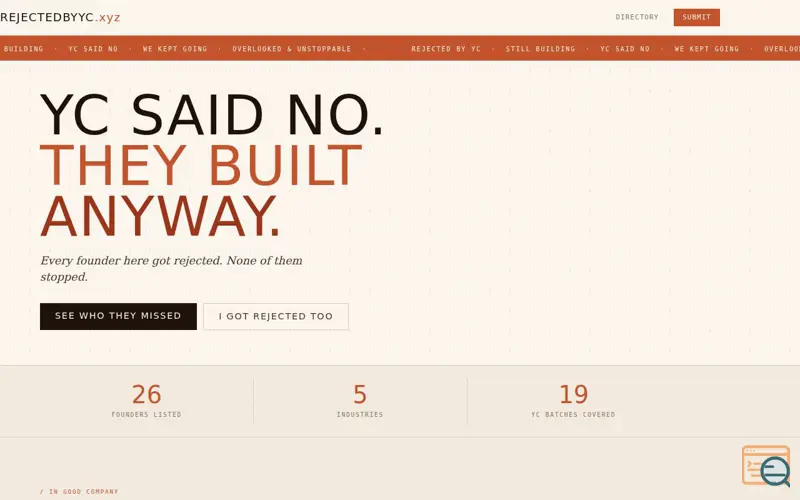 Screenshot of Rejected by YC