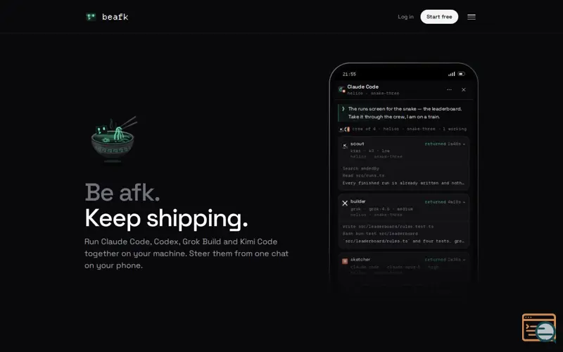 Screenshot of beafk — run Claude Code, Codex, Grok and Kimi from your phone