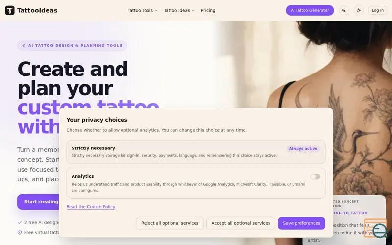 Screenshot of TattooIdeas – AI Tattoo Design Platform & Planning Tools
