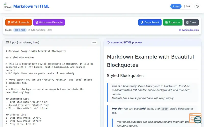 Screenshot of Markdown to HTML 