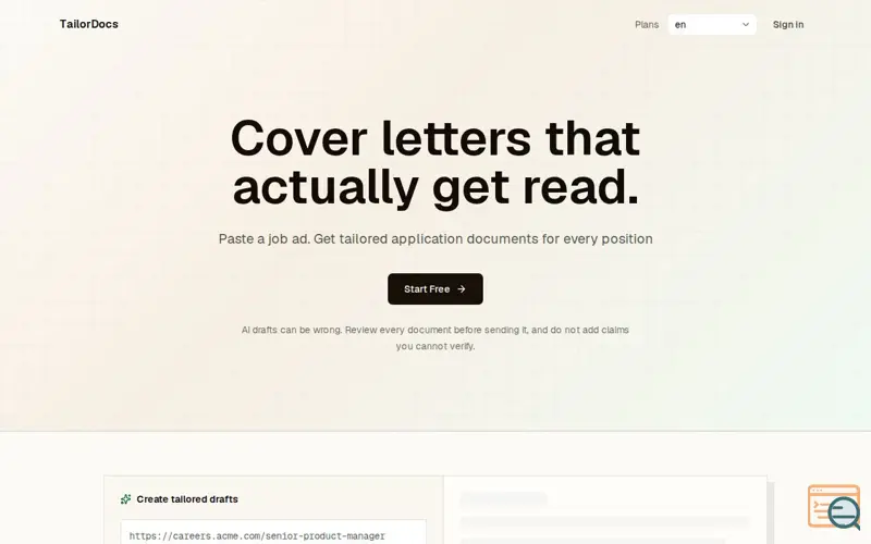 Screenshot of TailorDocs