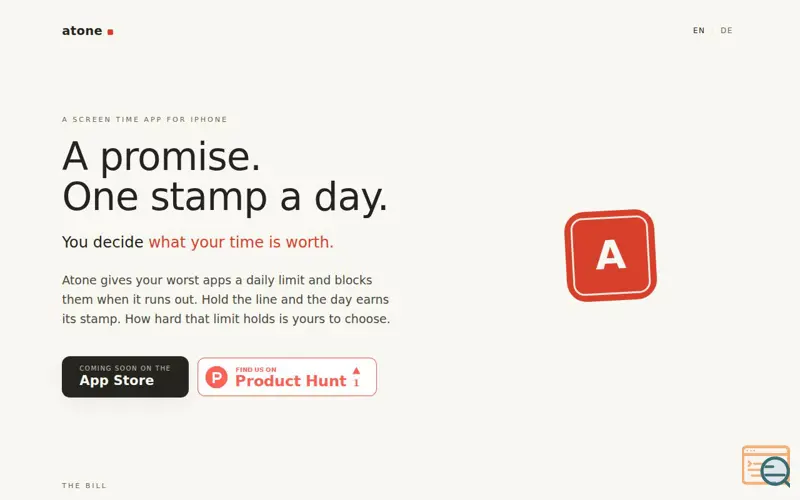 Screenshot of Atone · A promise. One stamp a day.