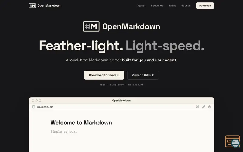 Screenshot of OpenMarkdown — Feather-light. Light-speed.