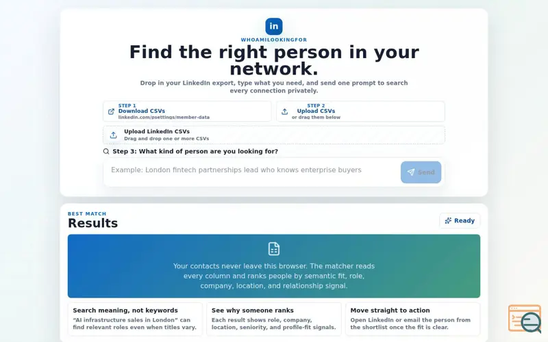 Screenshot of WhoAmILookingFor, a launch using Transformers.js