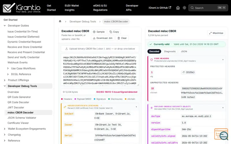 Screenshot of mdoc and SD-JWT Decoder for EUDI Wallets