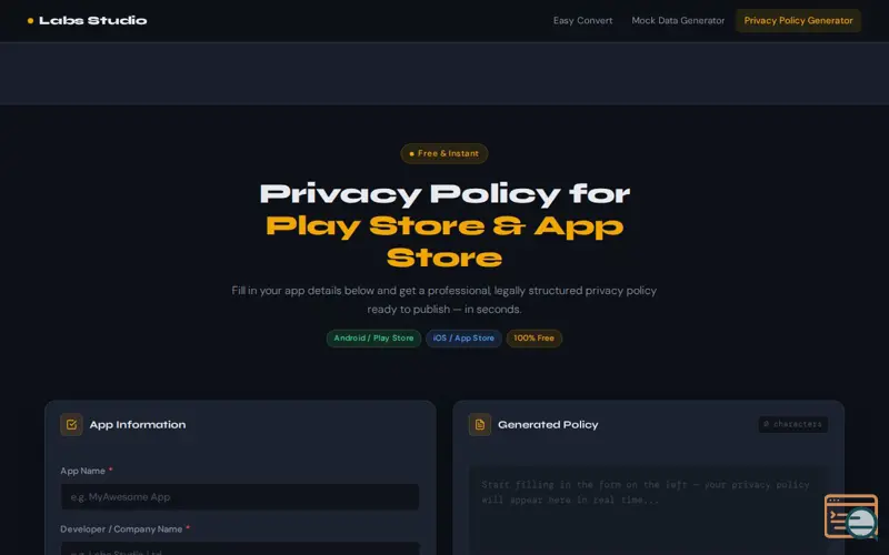 Screenshot of Free Privacy Policy Generator