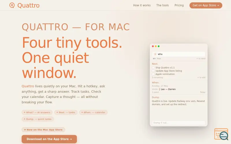 Screenshot of QUATTRO — Four tiny tools, one window, a launch using Name.com Email