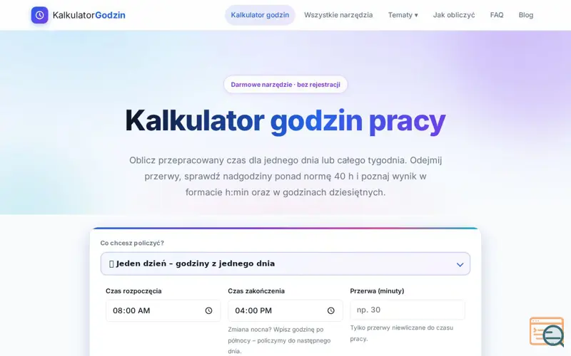 Screenshot of KalkulatorGodzin.com