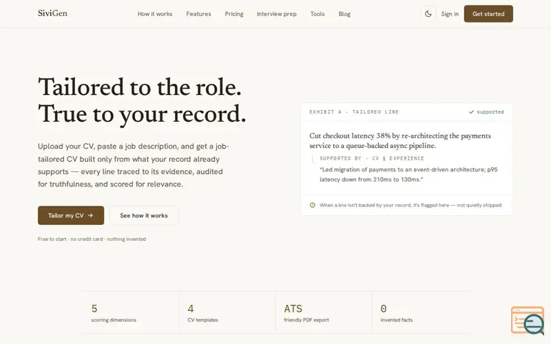 Screenshot of SiviGen — Tailor Your CV Without Inventing Anything
