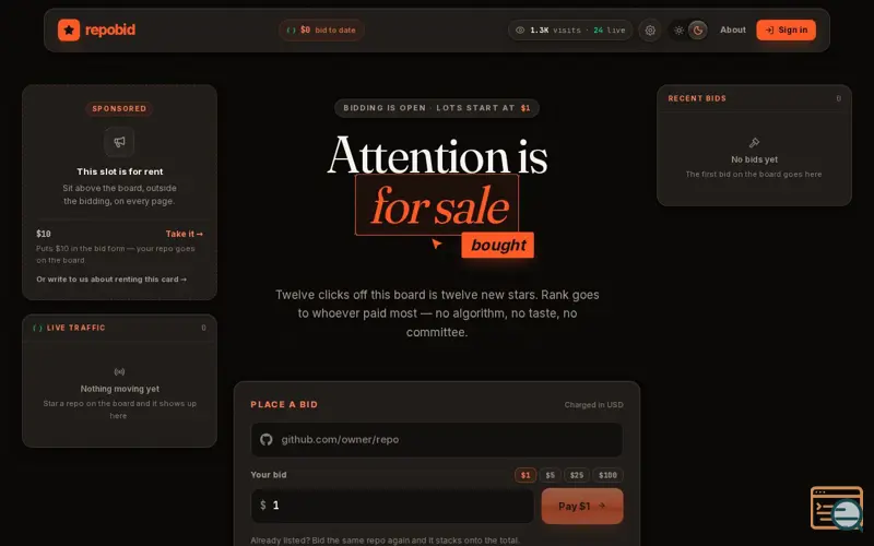 Screenshot of repobid — the leaderboard you can buy