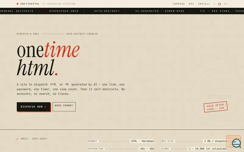 Screenshot of onetimehtml