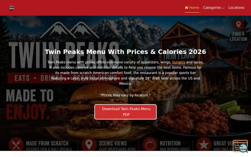 Screenshot of Twin Peaks Menu Price & Calories Finder