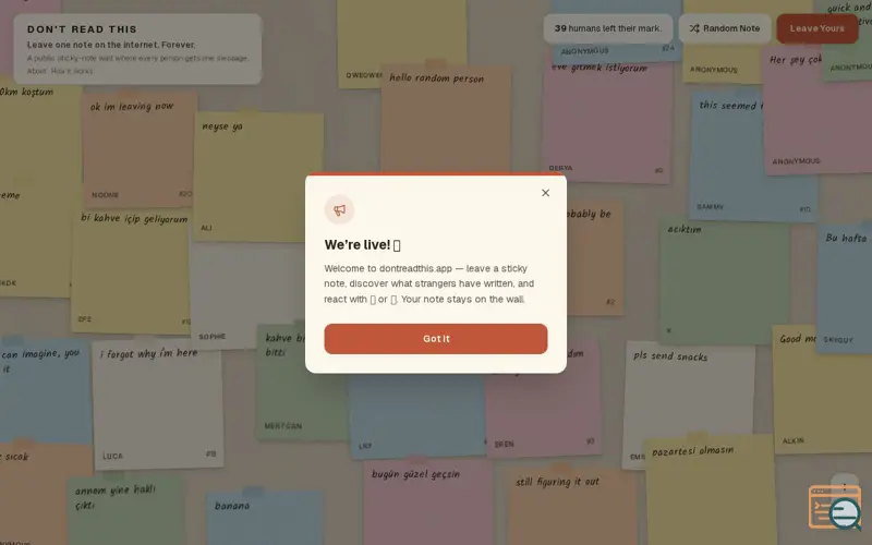 Screenshot of Don't Read This — Leave One Note on the Internet