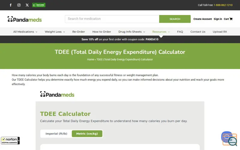 Screenshot of TDEE Calculator - Pandameds.com, a launch using BuySafe